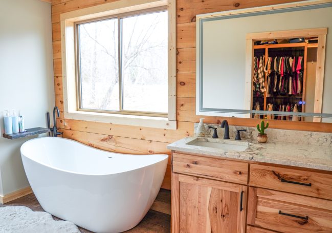 Bathroom vanity custom made with hickory wood.